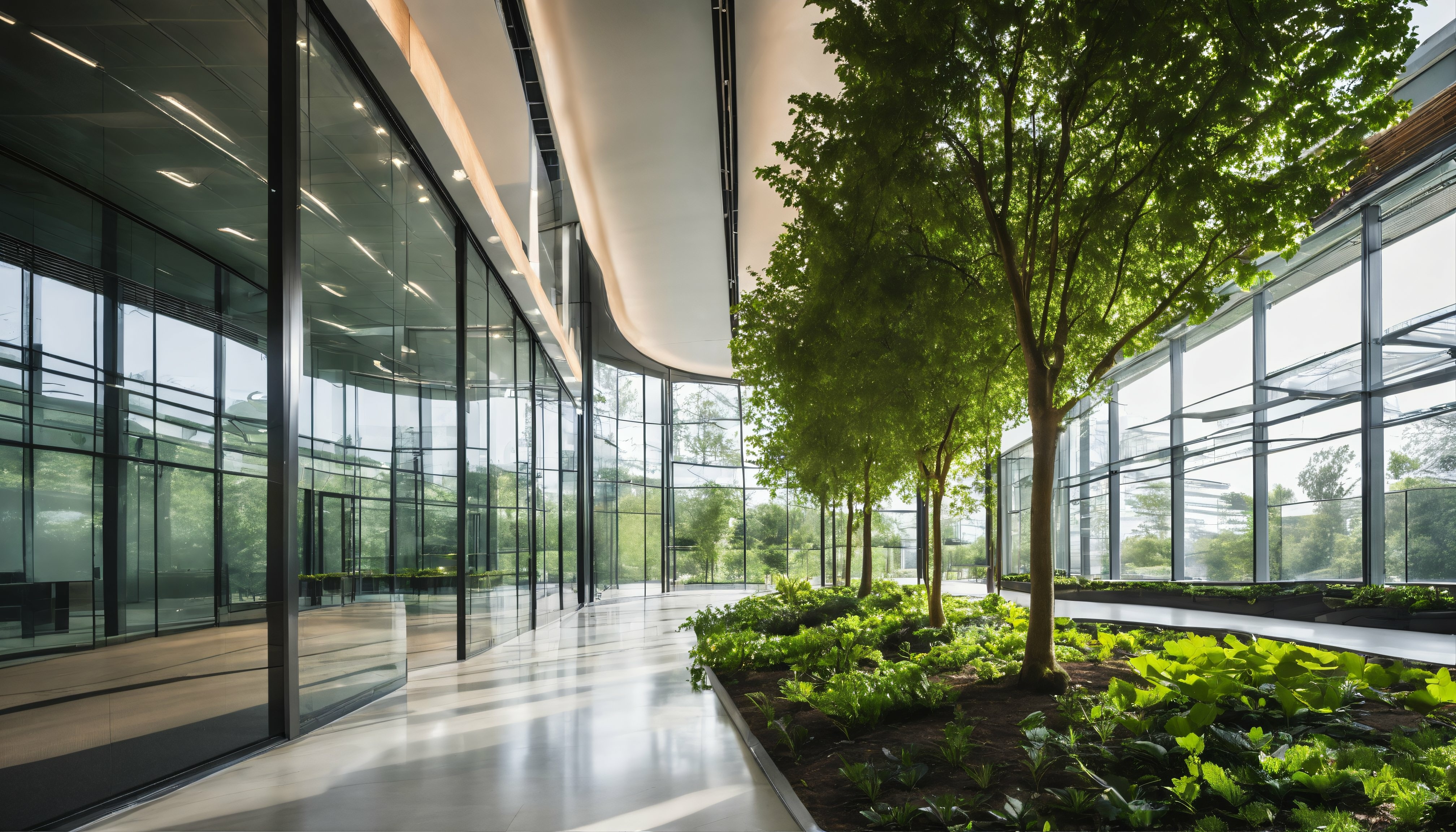 Green courtyard beside a modern glass workplace